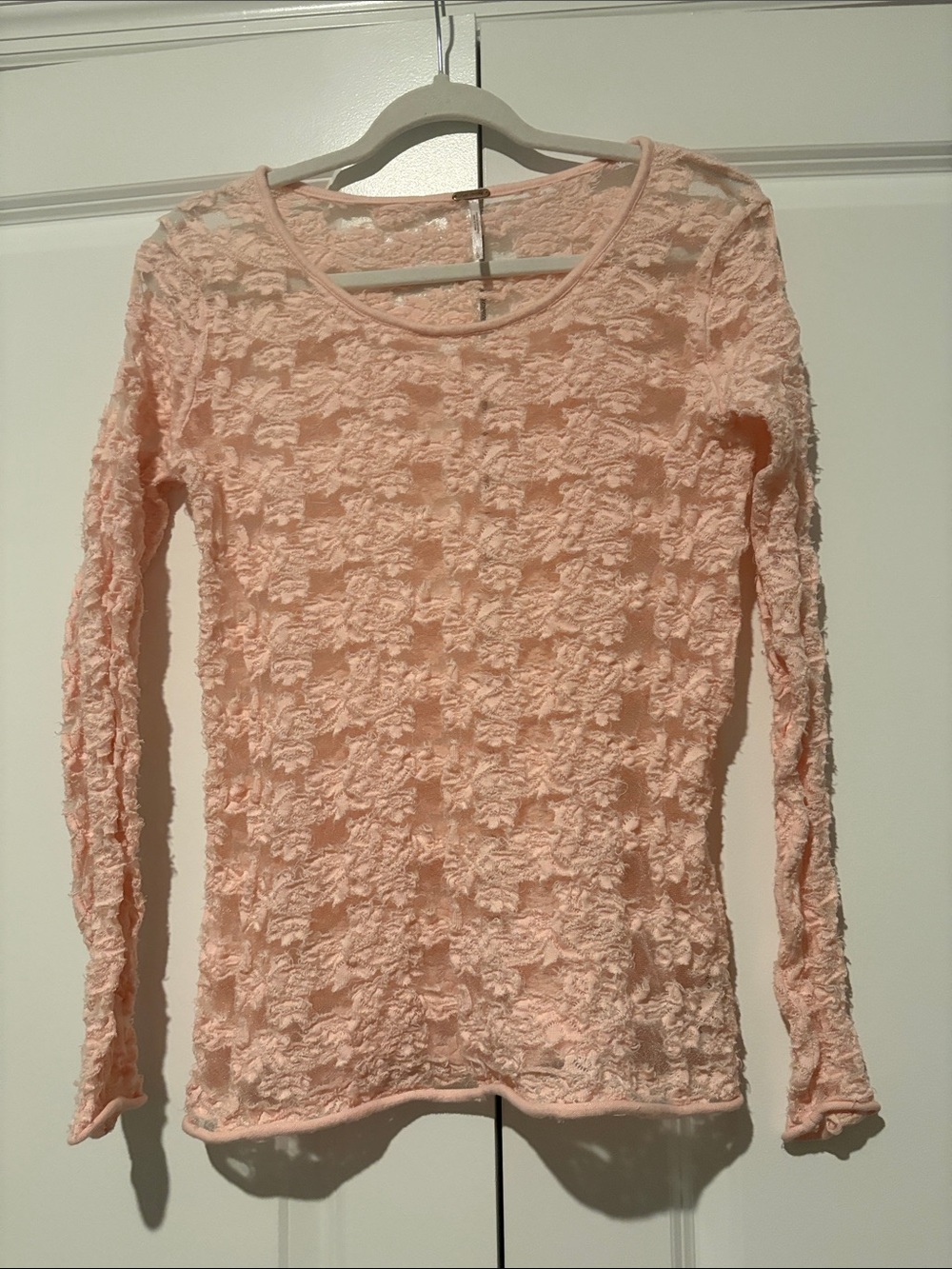 Free People Peach Textured Scoop Neck Long Sleeve Top